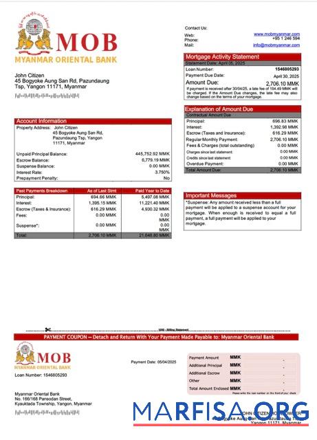 Realistisch Myanmar Oriental Bank Hypothek Kontoauszug Word and PDF Vorlage