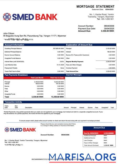 Professionell Myanmar SME Development Bank Hypothek Kontoauszug Word and PDF Vorlage