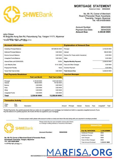 Realistisch Myanmar Shwe Bank Hypothek Kontoauszug Word and PDF Vorlage
