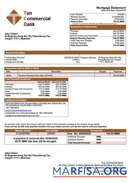 Realistisch Myanmar Tun Foundation Bank Hypothek Kontoauszug Word and PDF Vorlage
