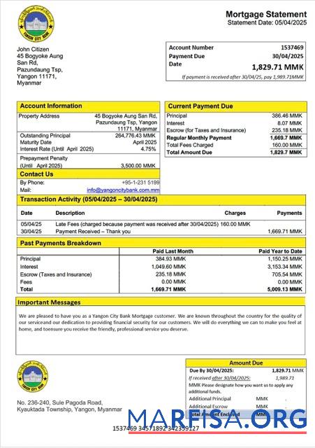 Hohe Qualität Myanmar Yangon City Bank Hypothek Kontoauszug Word and PDF Vorlage