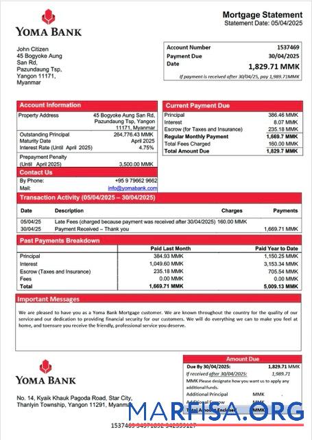 Bearbeitbar Myanmar Yoma Bank Hypothek Kontoauszug Word and PDF Vorlage