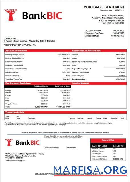 Realistisch Namibia Bank BIC Namibia Hypothek Kontoauszug Word and PDF Vorlage