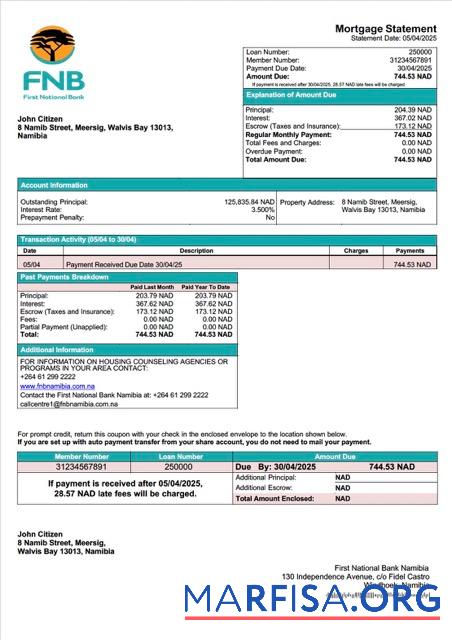 Premium Namibia First National Bank Namibia Limited Hypothek Kontoauszug Word and PDF Vorlage