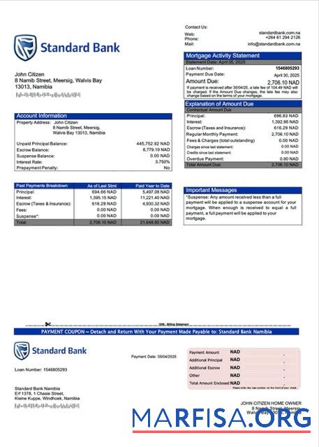 Professionell Namibia Standard Bank Namibia Hypothek Kontoauszug Word and PDF Vorlage