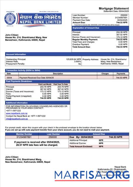 Bearbeitbar Nepal Bank Hypothek Kontoauszug Word and PDF Vorlage