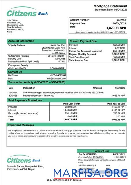 Professionell Nepal Citizens Bank International Hypothek Kontoauszug Word and PDF Vorlage