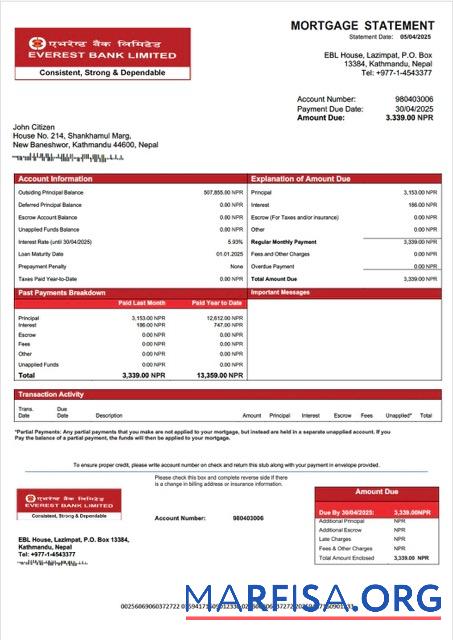 Realistisch Nepal Everest Bank Hypothek Kontoauszug Word and PDF Vorlage