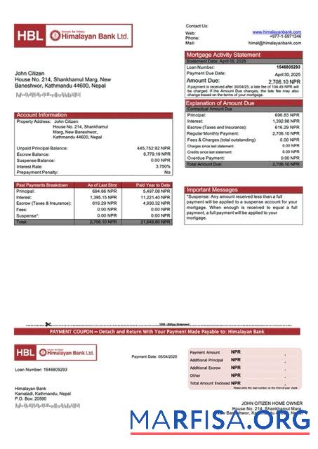 Bearbeitbar Nepal Himalayan Bank Hypothek Kontoauszug Word and PDF Vorlage
