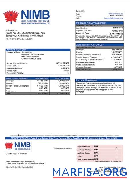 Hohe Qualität Nepal Investition Mega Bank (NIMB) Hypothek Kontoauszug Word and PDF Vorlage