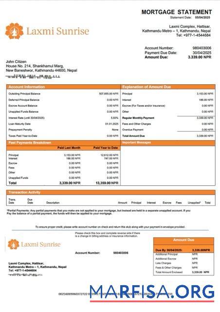 Realistisch Nepal Laxmi Sunrise Bank Hypothek Kontoauszug Word and PDF Vorlage