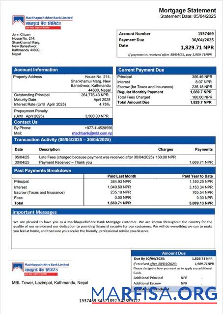 Realistisch Nepal Machhapuchchhre Bank Hypothek Kontoauszug Word and PDF Vorlage