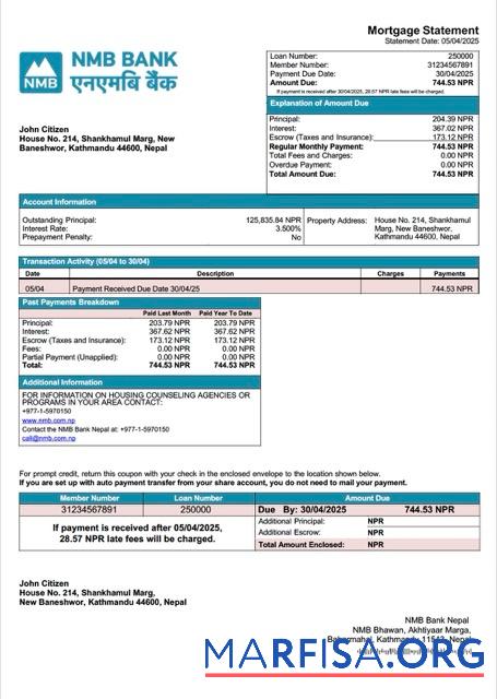 Hohe Qualität Nepal NMB Bank Nepal Hypothek Kontoauszug Word and PDF Vorlage