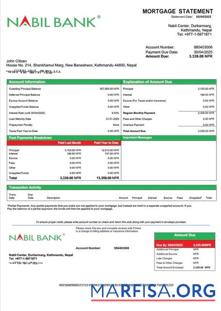 Realistisch Nepal Nabil Bank Hypothek Kontoauszug Word and PDF Vorlage