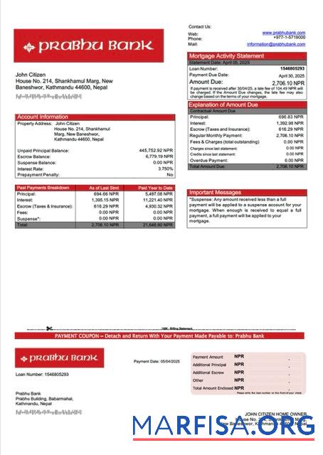 Realistisch Nepal Prabhu Bank Hypothek Kontoauszug Word and PDF Vorlage