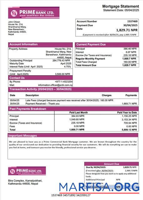 Professionell Nepal Prime Kommerziell Bank Hypothek Kontoauszug Word and PDF Vorlage