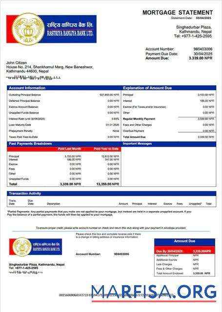 Premium Nepal Rastriya Banijya Bank Hypothek Kontoauszug Word and PDF Vorlage