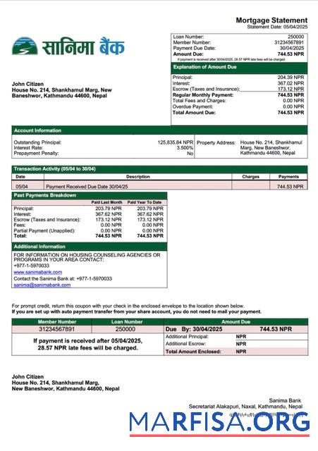 Professionell Nepal Sanima Bank Hypothek Kontoauszug Word and PDF Vorlage
