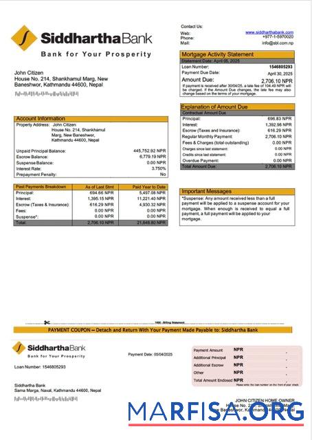 Realistisch Nepal Siddhartha Bank Hypothek Kontoauszug Word and PDF Vorlage