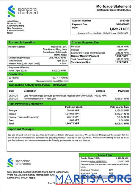 Hohe Qualität Nepal Standard Chartered Bank Hypothek Kontoauszug Word and PDF Vorlage