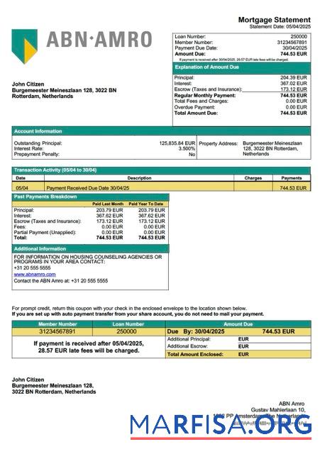 Professionell Niederlande ABN Amro Hypothek Kontoauszug Word and PDF Vorlage
