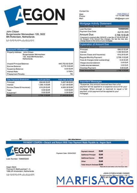 Realistisch Niederlande Aegon Bank Hypothek Kontoauszug Word and PDF Vorlage
