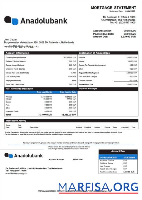 Realistisch Niederlande Anadolubank Nederland Hypothek Kontoauszug Word and PDF Vorlage