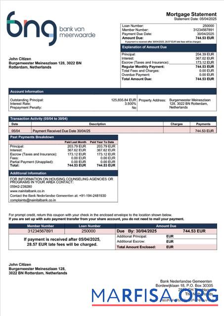 Professionell Niederlande Bank Nederlandse Gemeenten Hypothek Kontoauszug Word and PDF Vorlage