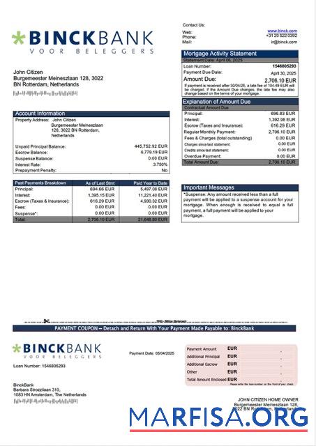 Realistisch Niederlande BinckBank Hypothek Kontoauszug Word and PDF Vorlage