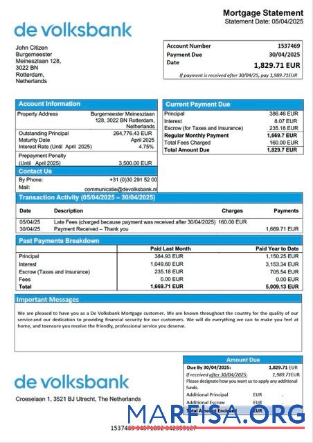 Bearbeitbar Niederlande De Volksbank Hypothek Kontoauszug Word and PDF Vorlage
