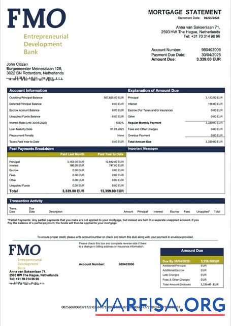 Realistisch Niederlande FMO Bank Hypothek Kontoauszug Word and PDF Vorlage