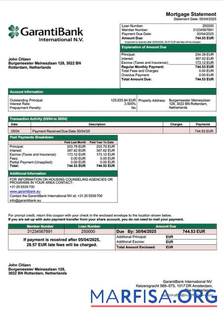 Professionell Niederlande GarantiBank International NV Hypothek Kontoauszug Word and PDF Vorlage