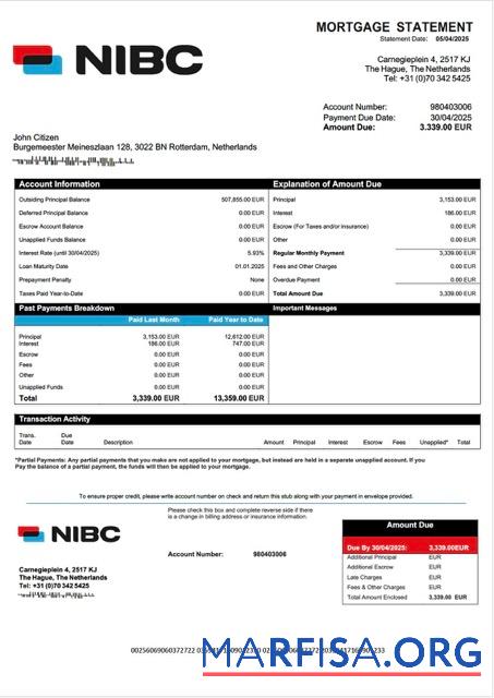 Bearbeitbar Niederlande NIBC Bank Hypothek Kontoauszug Word and PDF Vorlage