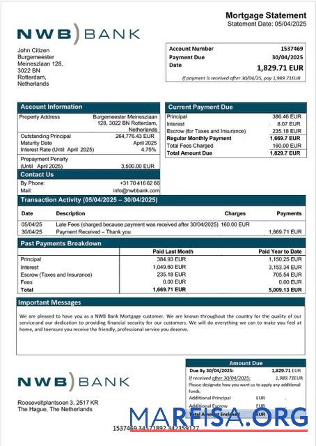 Realistisch Niederlande NWB Bank Hypothek Kontoauszug Word and PDF Vorlage