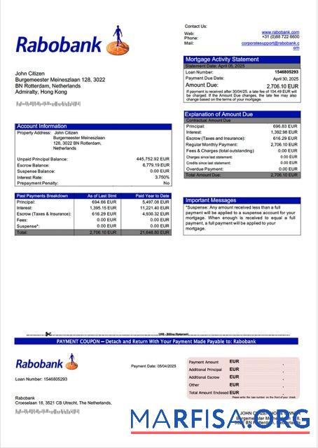 Hohe Qualität Niederlande Rabobank Hypothek Kontoauszug Word and PDF Vorlage