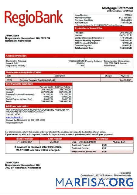 Hohe Qualität Niederlande Regiobank Hypothek Kontoauszug Word and PDF Vorlage