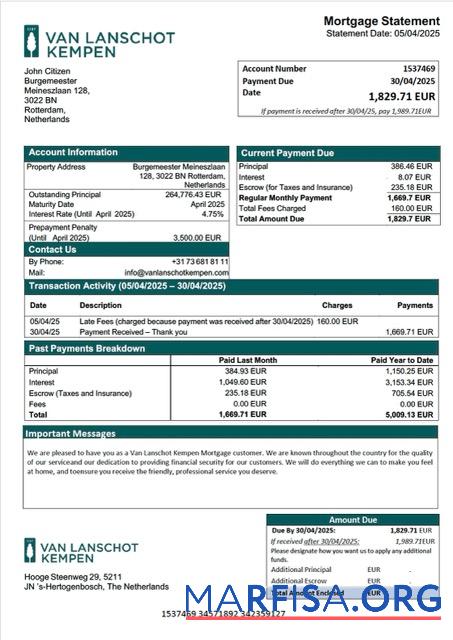 Premium Niederlande Van Lanschot Kempen Hypothek Kontoauszug Word and PDF Vorlage