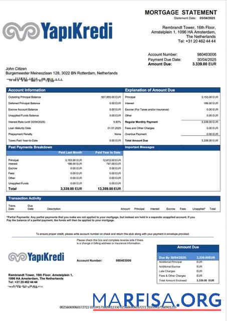 Realistisch Niederlande Yapi Kredi Bank Nederland Hypothek Kontoauszug Word and PDF Vorlage