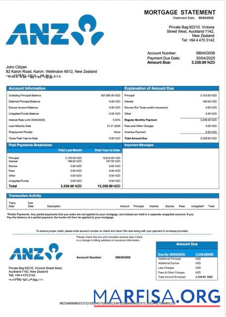 Bearbeitbar Neuseeland ANZ Bank Hypothek Kontoauszug Word and PDF Vorlage