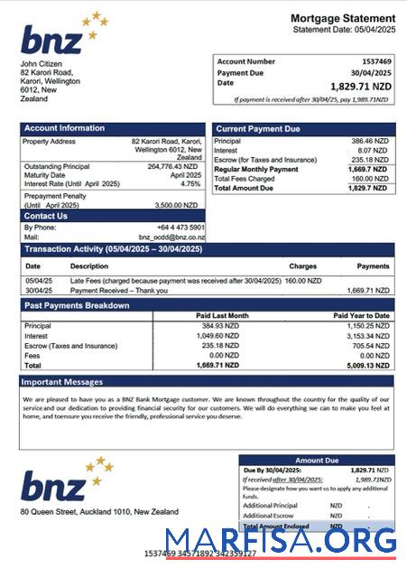 Bearbeitbar Neuseeland BNZ Bank Hypothek Kontoauszug Word and PDF Vorlage