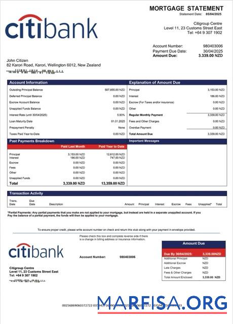 Premium Neuseeland Citibank Neuseeland Hypothek Kontoauszug Word and PDF Vorlage