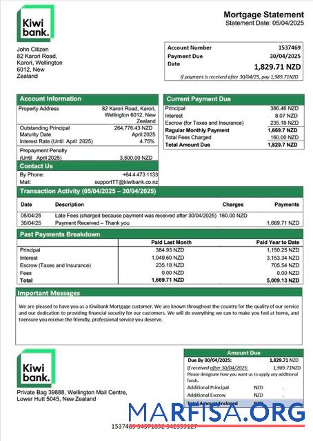 Professionell Neuseeland Kiwibank Hypothek Kontoauszug Word and PDF Vorlage