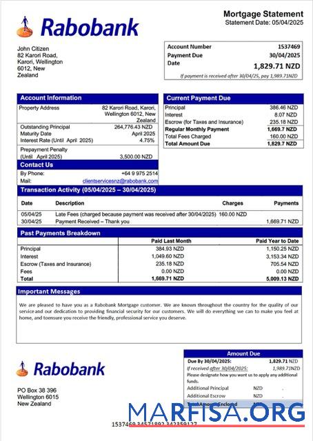 Bearbeitbar Neuseeland Rabobank Hypothek Kontoauszug Word and PDF Vorlage
