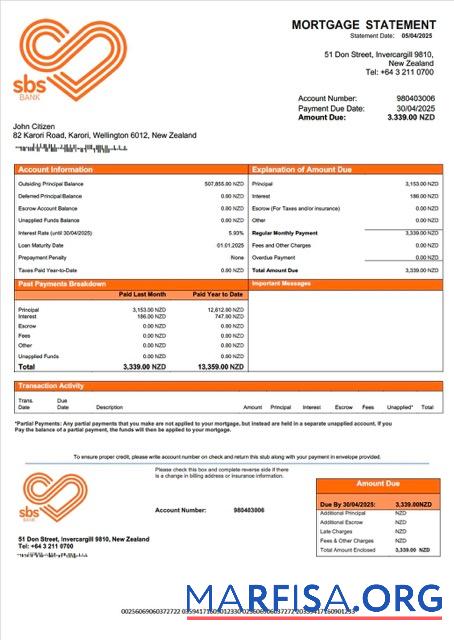 Premium Neuseeland SBS Bank Hypothek Kontoauszug Word and PDF Vorlage