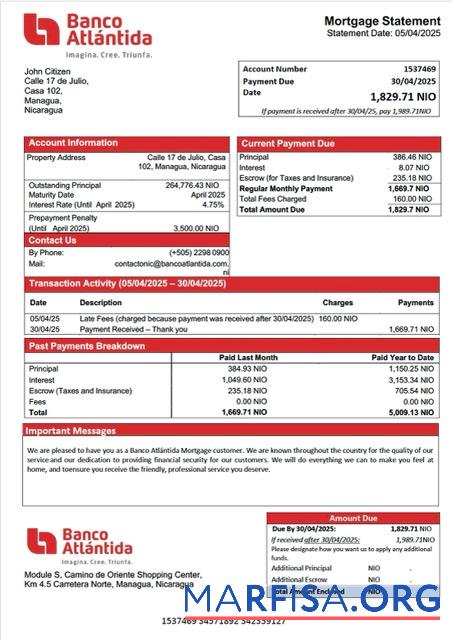 Bearbeitbar Nicaragua Banco Atla╠üntida Hypothek Kontoauszug Word and PDF Vorlage