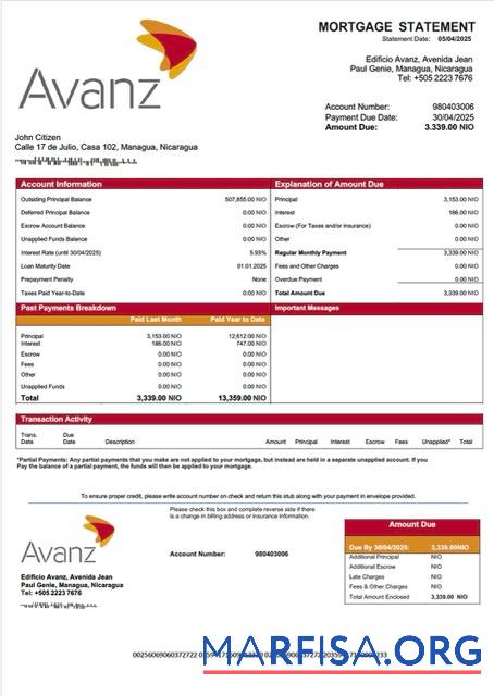 Realistisch Nicaragua Banco Avanz Hypothek Kontoauszug Word and PDF Vorlage