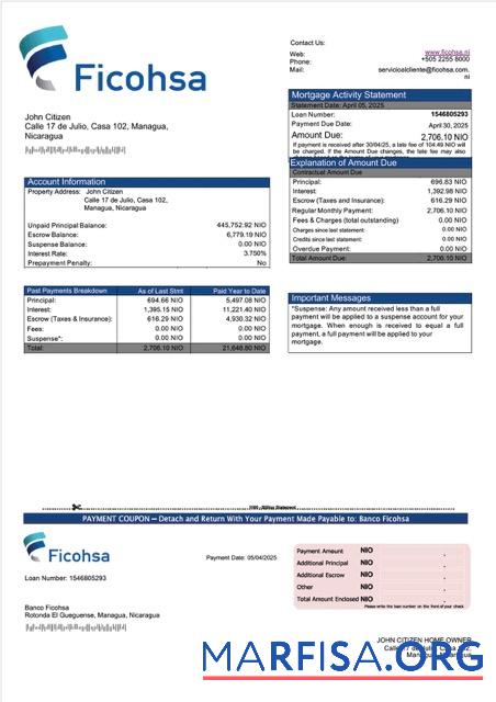 Bearbeitbar Nicaragua Banco Ficohsa Hypothek Kontoauszug Word and PDF Vorlage