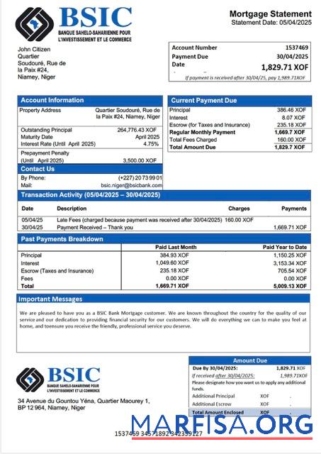Professionell Niger BSIC Bank Hypothek Kontoauszug Word and PDF Vorlage