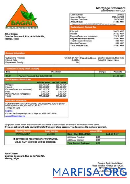 Bearbeitbar Niger Banque Agricole du Niger Hypothek Kontoauszug Word and PDF Vorlage