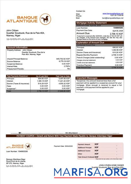 Bearbeitbar Niger Banque Atlantique Niger Hypothek Kontoauszug Word and PDF Vorlage